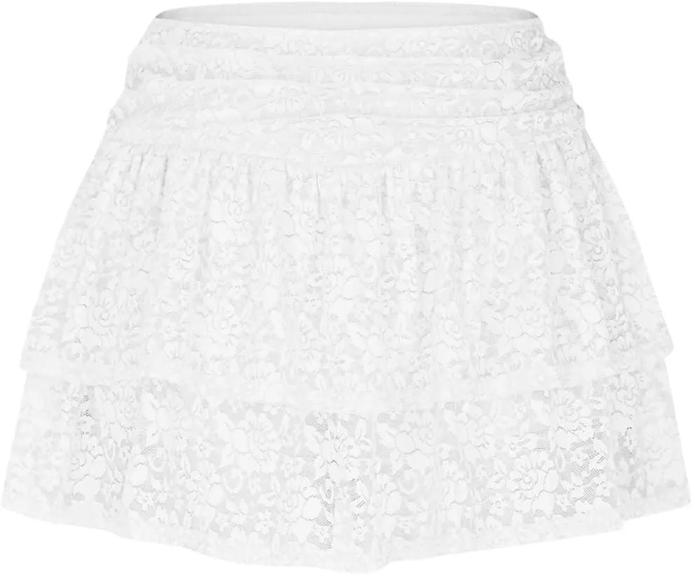 Slip Skirt for Women Lace Trim Tutu Skirt Layered White Skirt Puffy Baggy Elegant Sexy Skirts Front Ruffle Hem Skirt