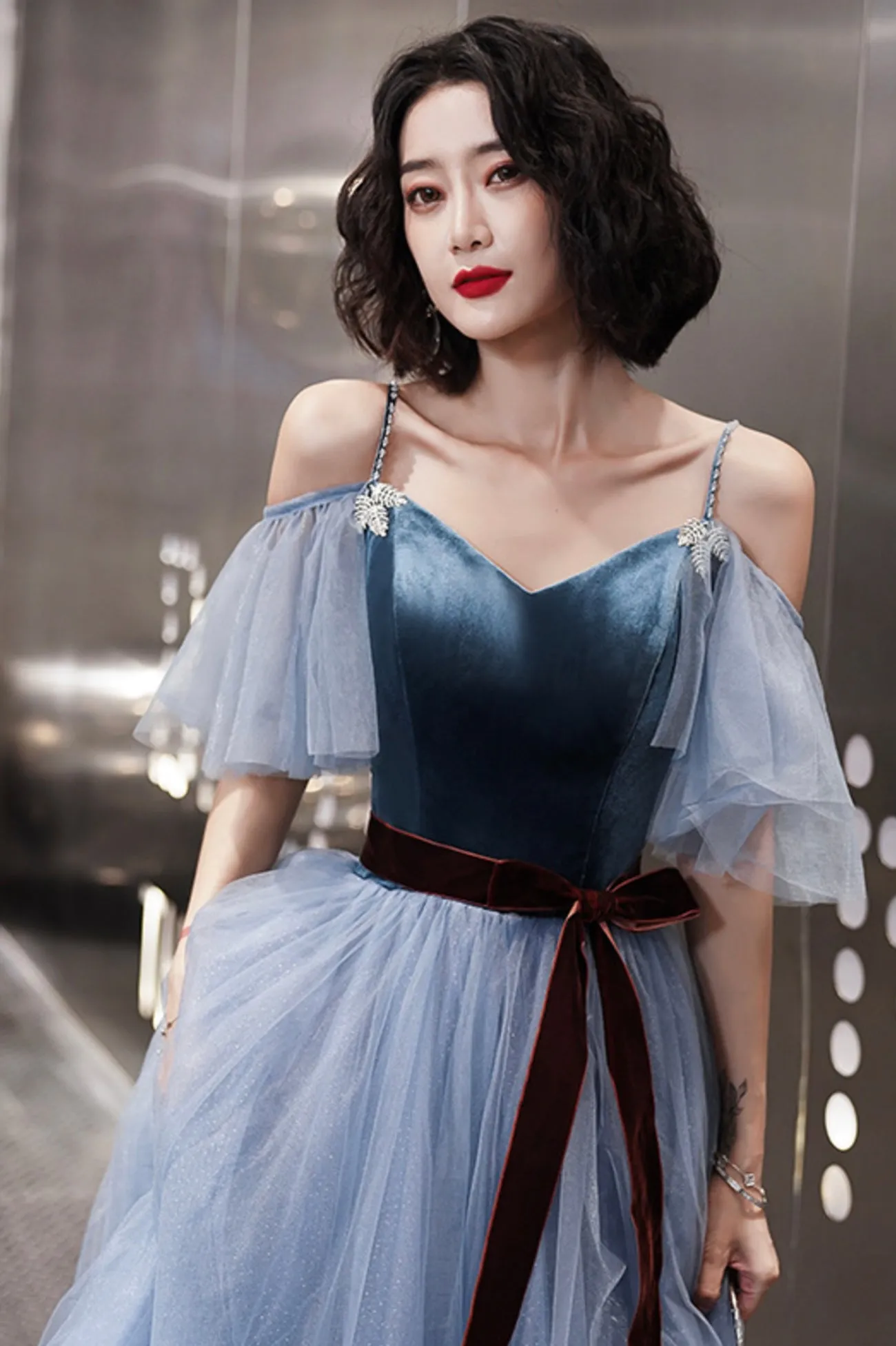 solvbao Blue Velvet Tulle Long Prom Dresses, A-Line Evening Dresses