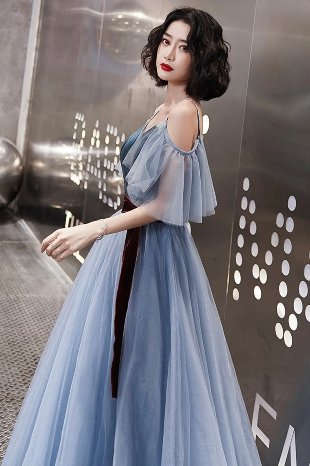 solvbao Blue Velvet Tulle Long Prom Dresses, A-Line Evening Dresses