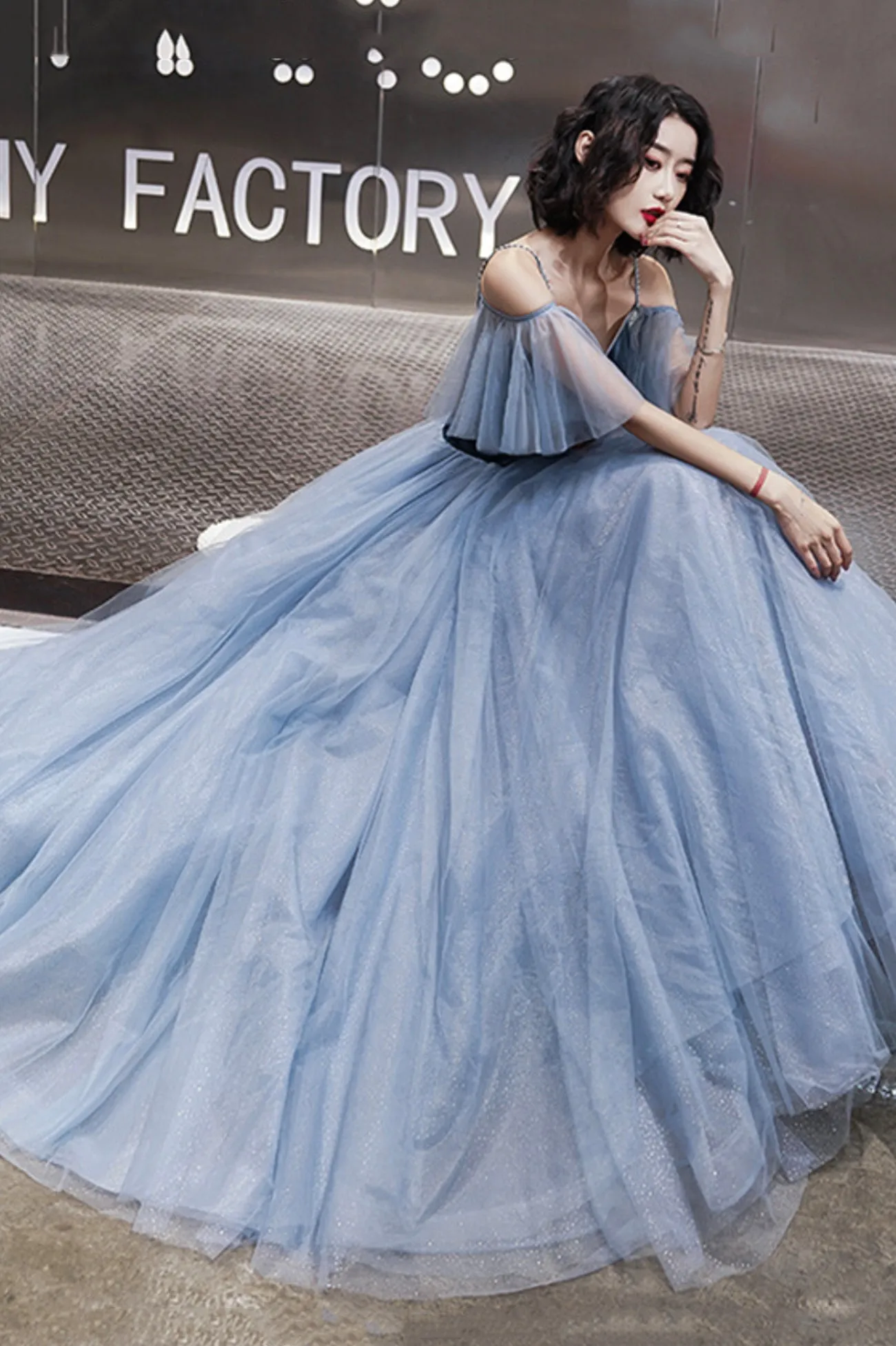 solvbao Blue Velvet Tulle Long Prom Dresses, A-Line Evening Dresses