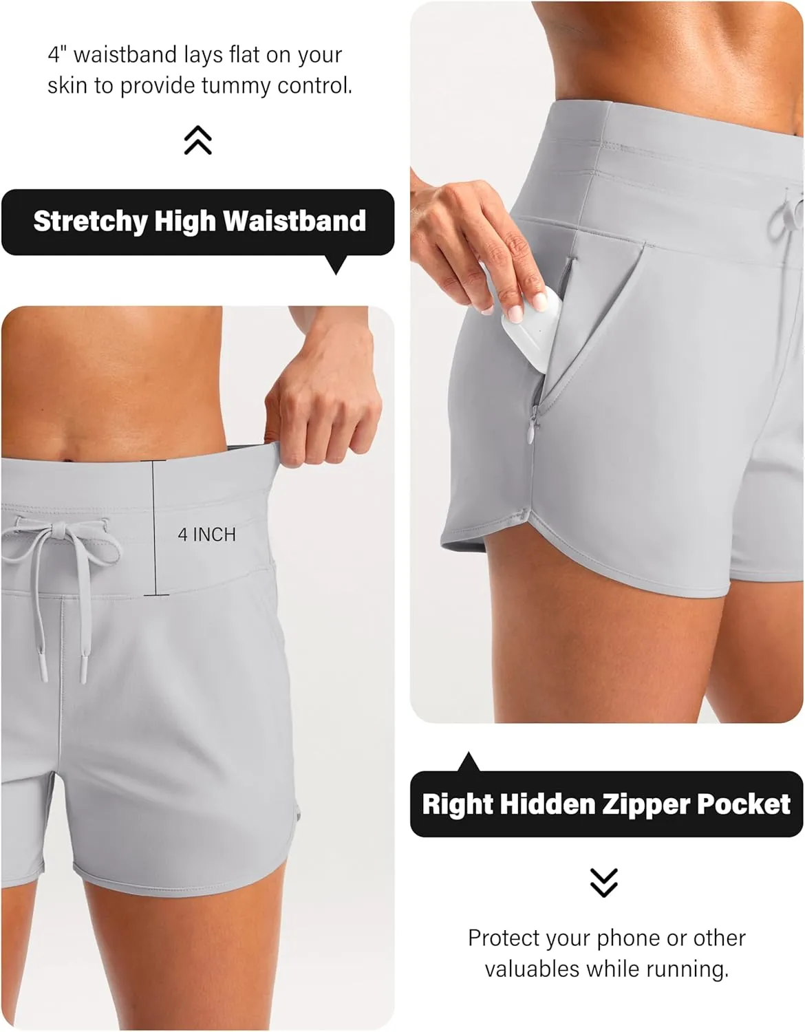Soothfeel Women's Athletic Running Shorts with Zipper Pockets 3" High Waisted Workout Active Gym Shorts for Women with Liner