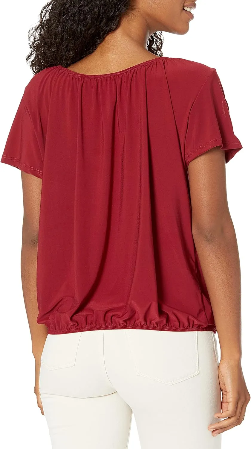 Star Vixen Women's Short/Slit Sleeve Keyhole-tie Peasant Top Bubble Hem