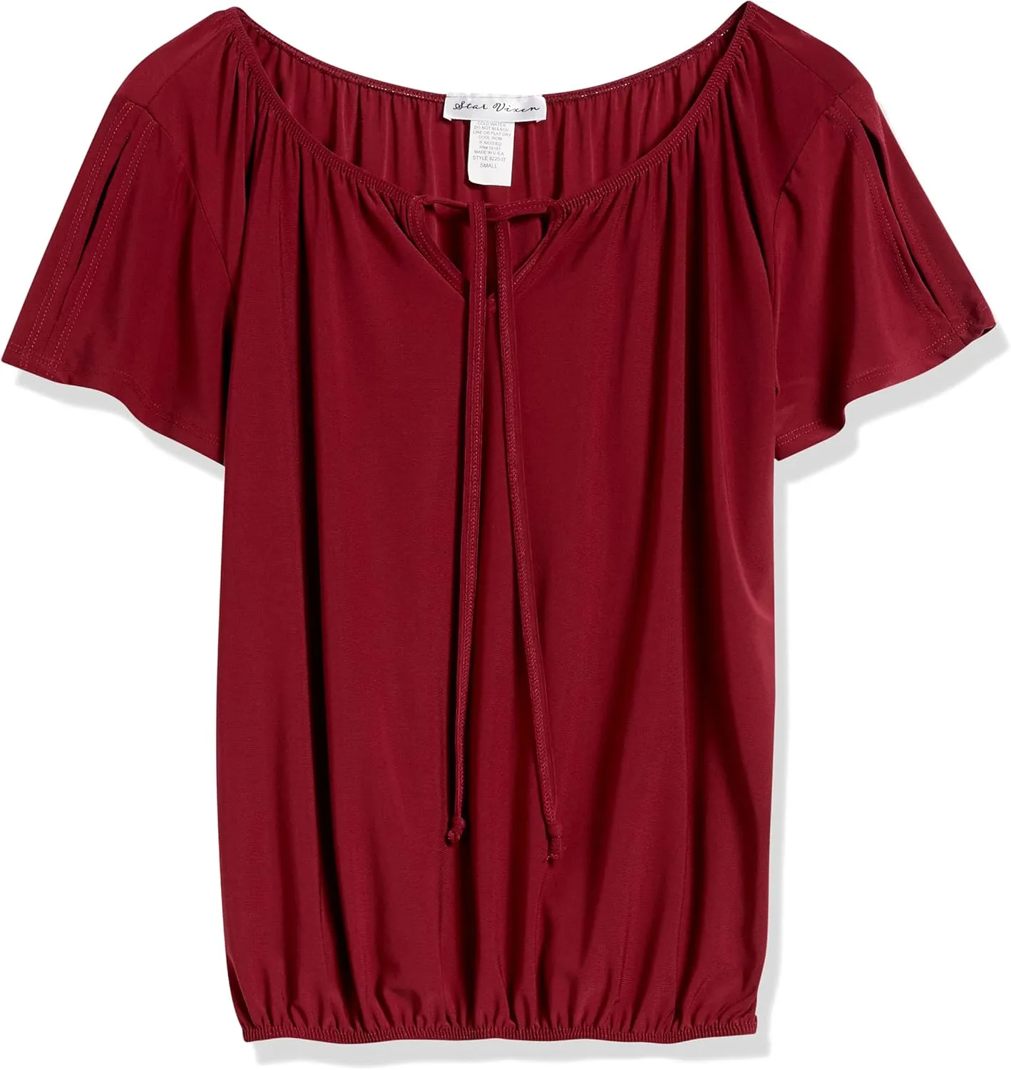 Star Vixen Women's Short/Slit Sleeve Keyhole-tie Peasant Top Bubble Hem