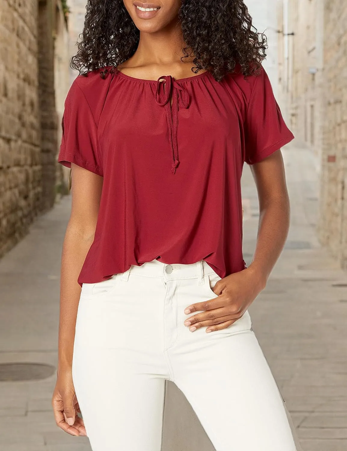 Star Vixen Women's Short/Slit Sleeve Keyhole-tie Peasant Top Bubble Hem