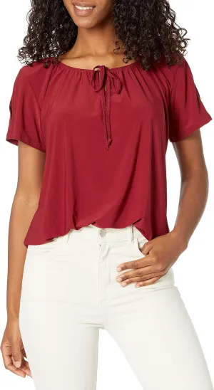 Star Vixen Women's Short/Slit Sleeve Keyhole-tie Peasant Top Bubble Hem
