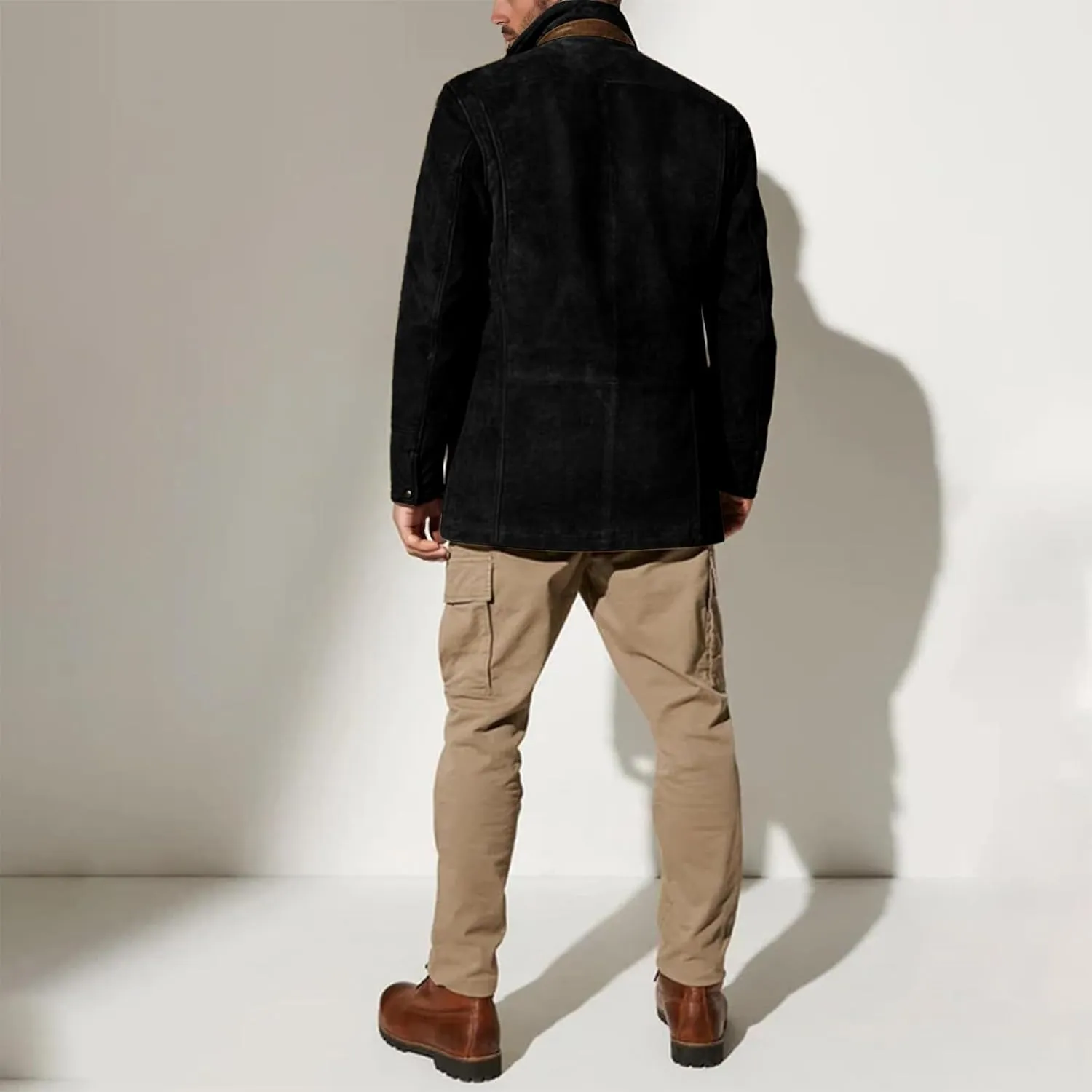 Suede Blazer for Men Faux Leather Suit Jacket Distressed Notch Lapel Buttons Sport Coat Zipper Trucker Western Jacket