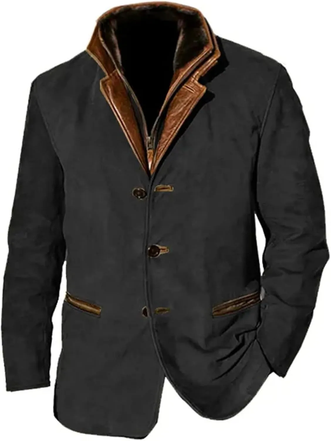 Suede Blazer for Men Faux Leather Suit Jacket Distressed Notch Lapel Buttons Sport Coat Zipper Trucker Western Jacket