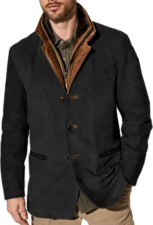 Suede Blazer for Men Faux Leather Suit Jacket Distressed Notch Lapel Buttons Sport Coat Zipper Trucker Western Jacket