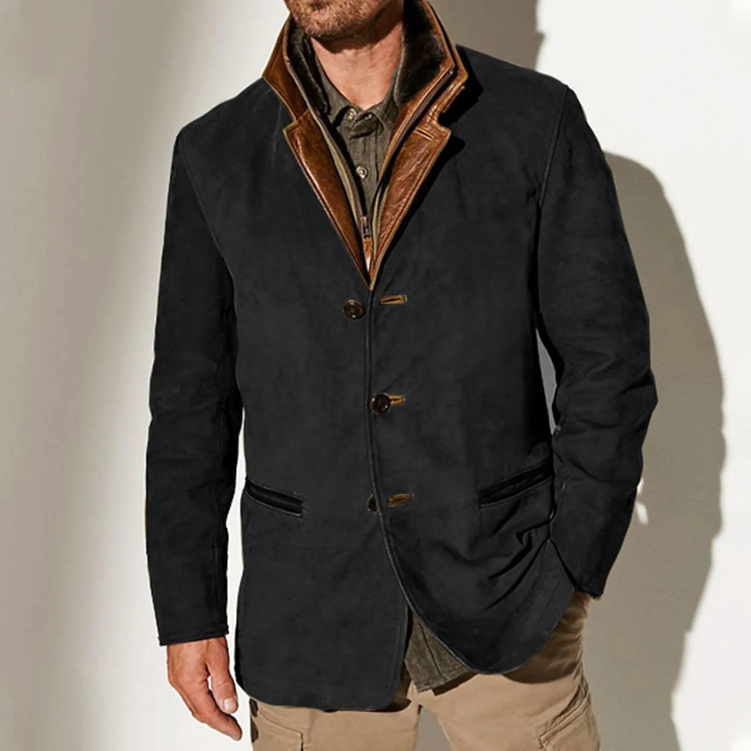 Suede Blazer for Men Faux Leather Suit Jacket Distressed Notch Lapel Buttons Sport Coat Zipper Trucker Western Jacket
