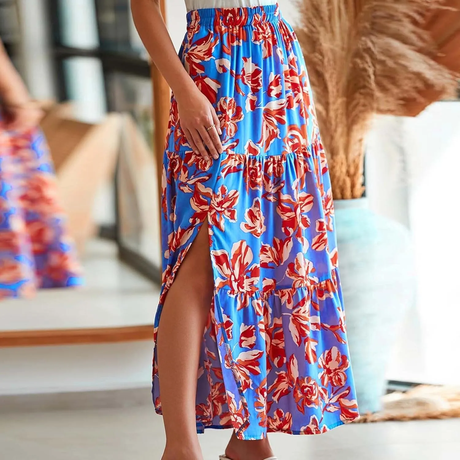 Summer Floral Print Midi Skirt for Women Tiered Long Skirt Elastic High Waist Pleated Skirts Casual Side Split Trendy Skirts