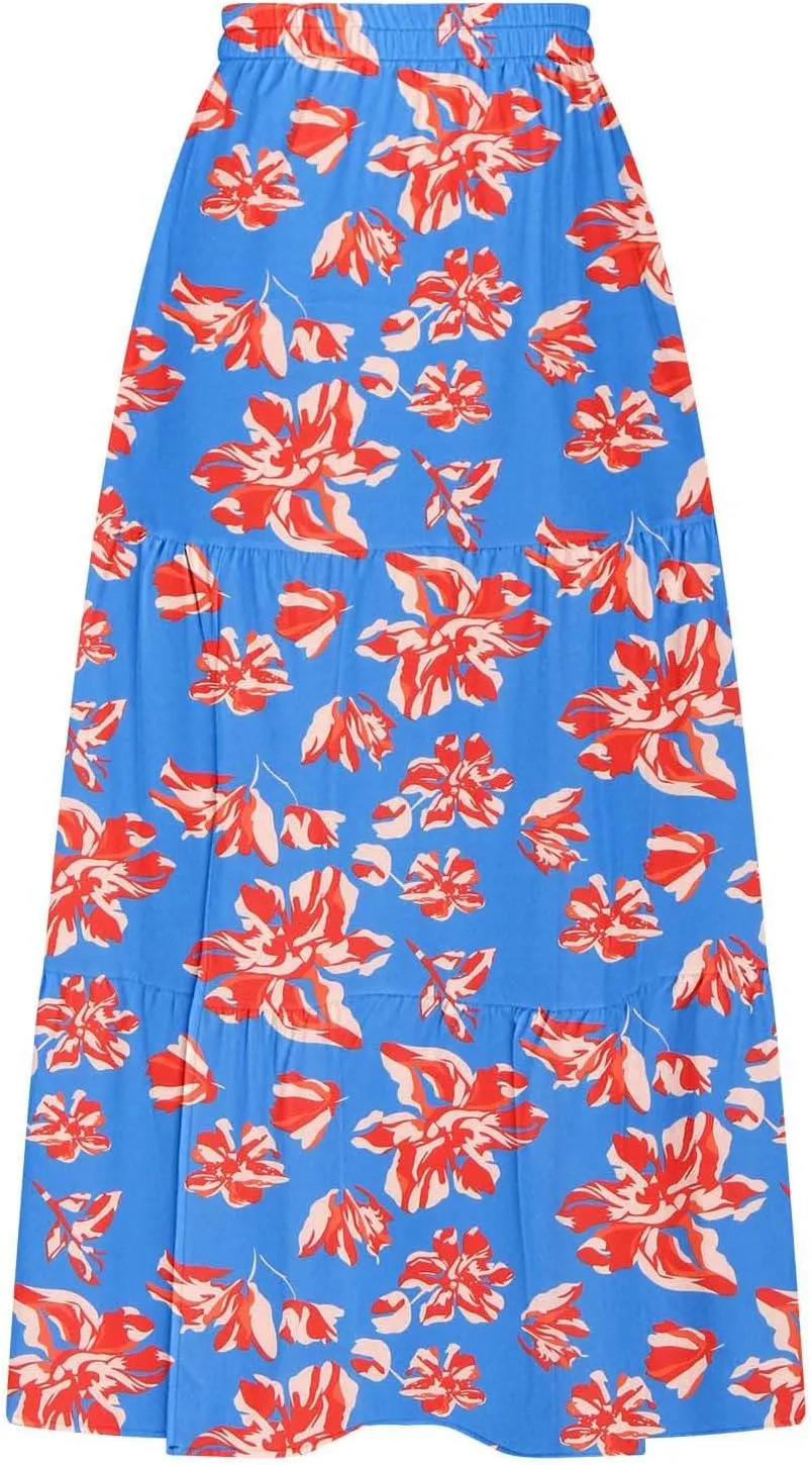Summer Floral Print Midi Skirt for Women Tiered Long Skirt Elastic High Waist Pleated Skirts Casual Side Split Trendy Skirts