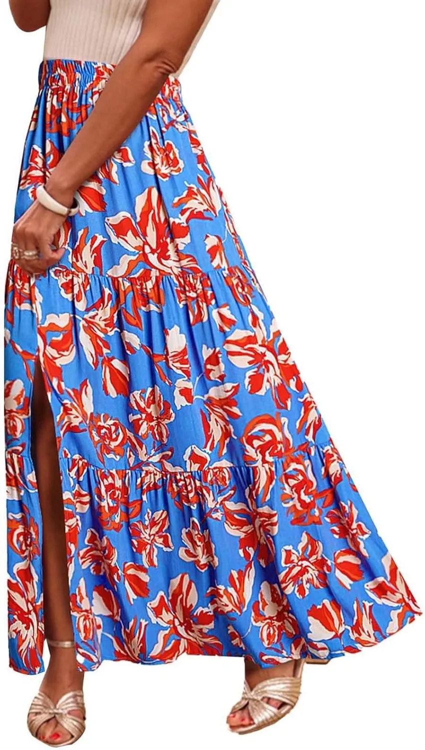 Summer Floral Print Midi Skirt for Women Tiered Long Skirt Elastic High Waist Pleated Skirts Casual Side Split Trendy Skirts