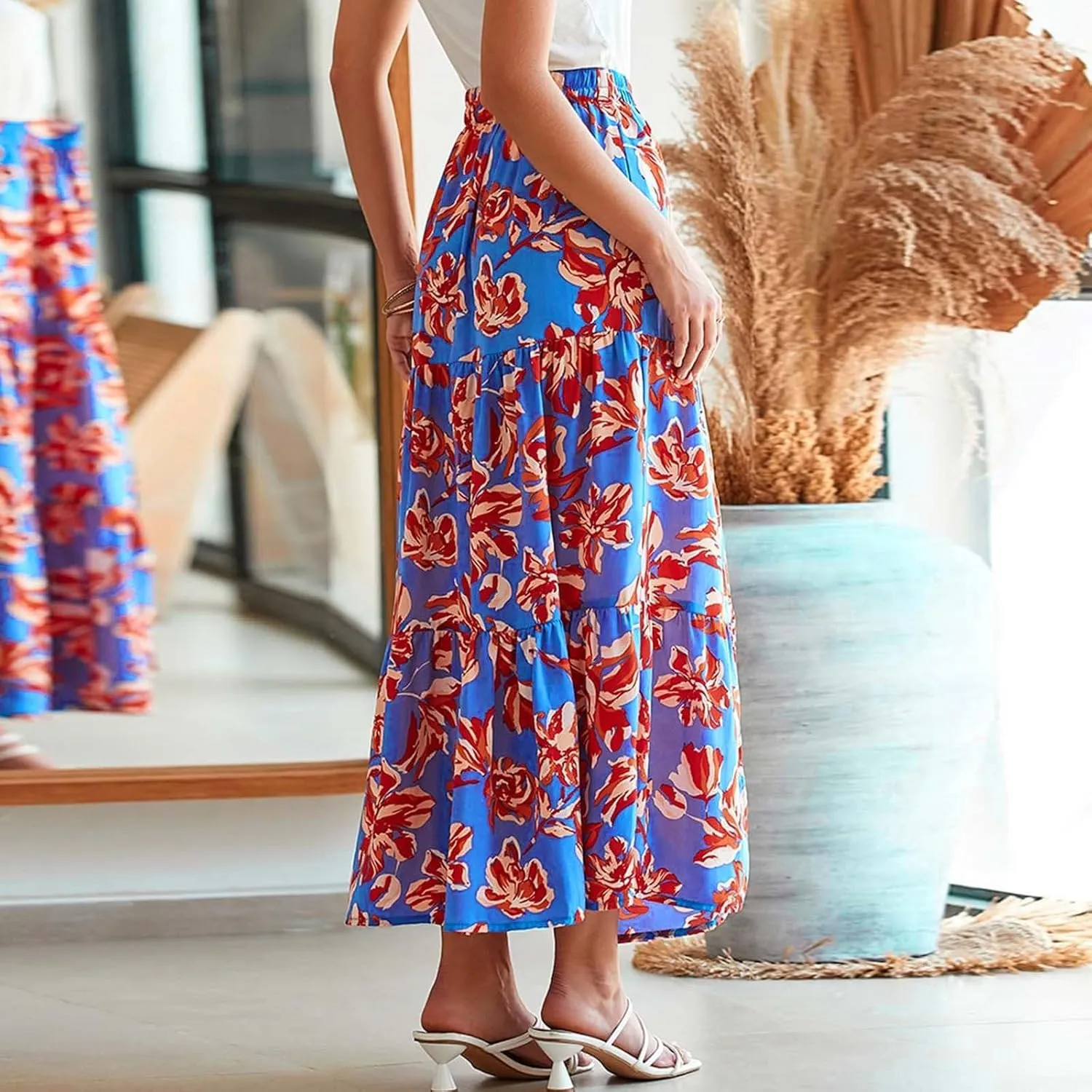 Summer Floral Print Midi Skirt for Women Tiered Long Skirt Elastic High Waist Pleated Skirts Casual Side Split Trendy Skirts