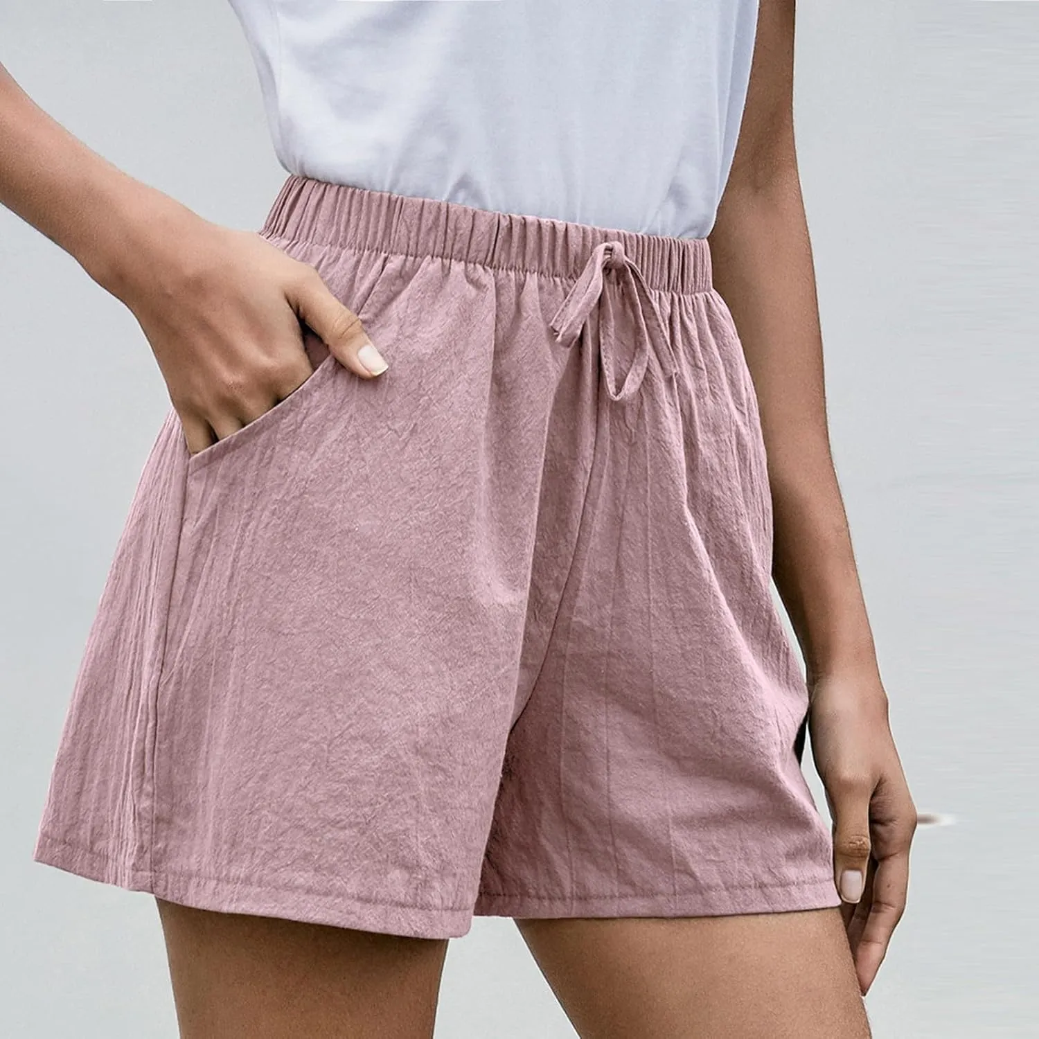 Summer Shorts for Women Baggy High Rise Linen Shorts Vacation Straight Elastic with Pocket Solid Loose Fit Pants 2025