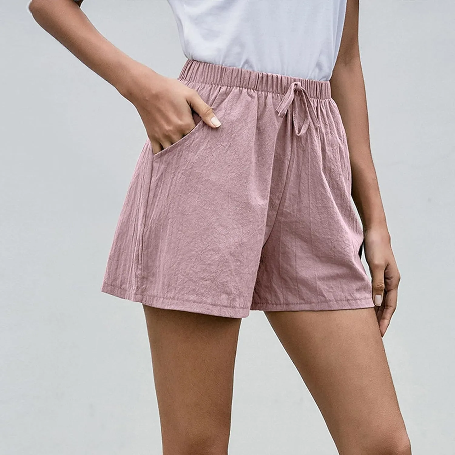 Summer Shorts for Women Baggy High Rise Linen Shorts Vacation Straight Elastic with Pocket Solid Loose Fit Pants 2025