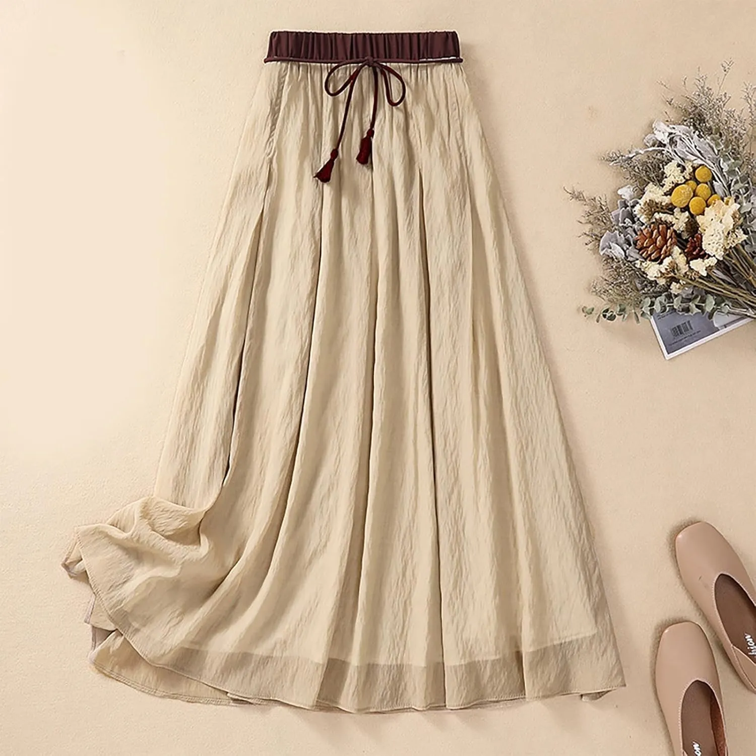 Summer Skirts for Women Drawstring Cinch Waisted Skirt Trending Cotton Linen Baggy Plus Size Skirts A Line Skirt