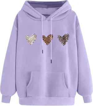 Sweatshirts for Women Casual Long Sleeve Heart Graphic Hoodies Cute Drawstring Oversized Pullover Tops with Pocket