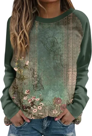 Sweatshirts for Women Crewneck Floral Print Vintage Tops Long Sleeve Casual Graphic Sweater Clothes