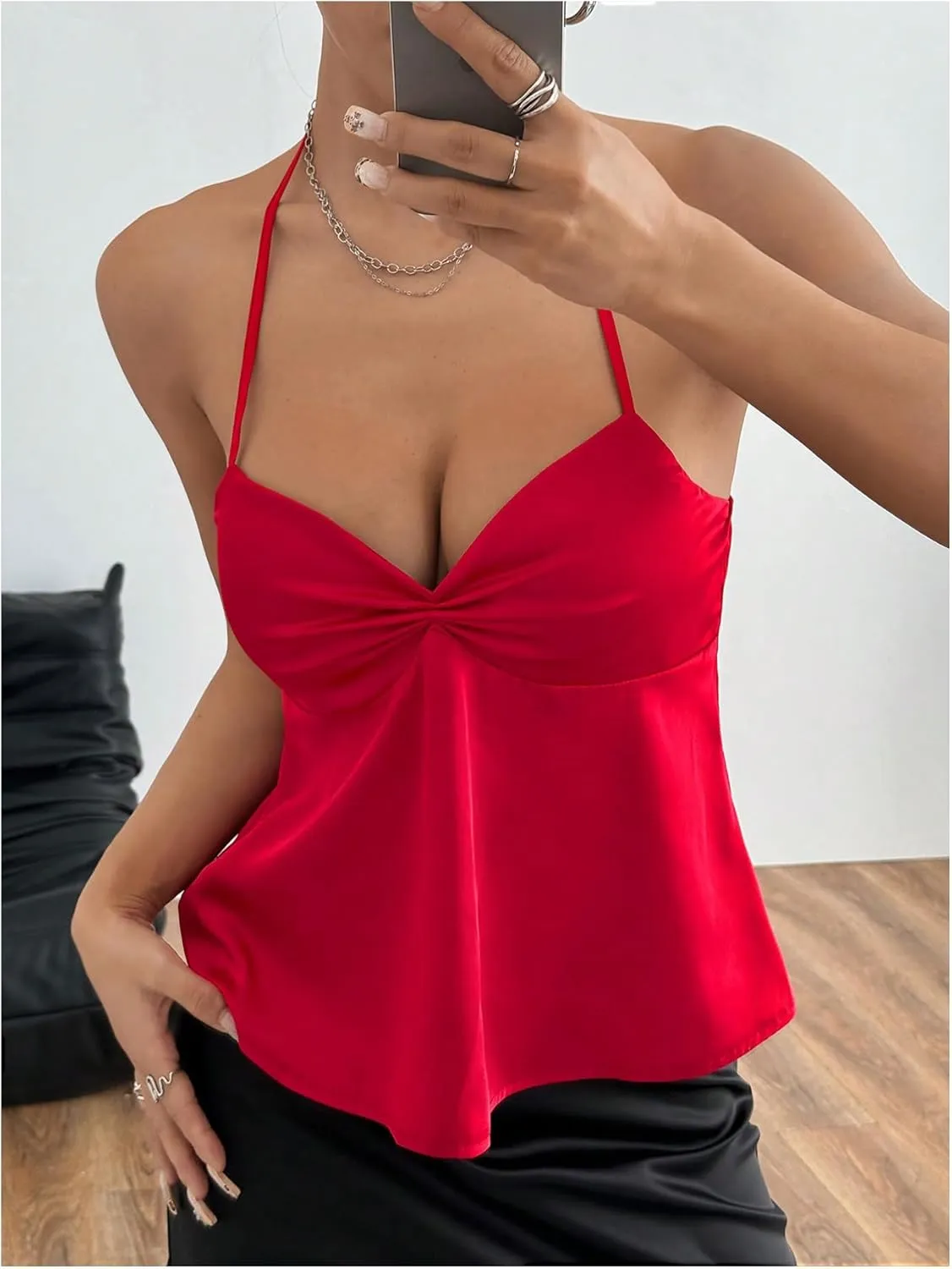 SweatyRocks Women's Ruched Satin Halter Tops Sleeveless Summer Camisole Going Out Top