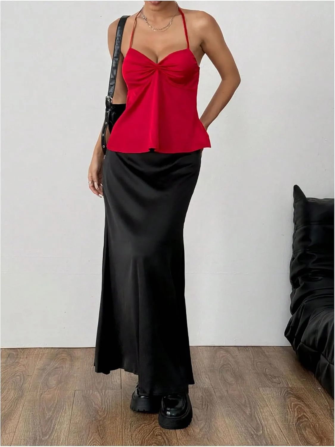 SweatyRocks Women's Ruched Satin Halter Tops Sleeveless Summer Camisole Going Out Top