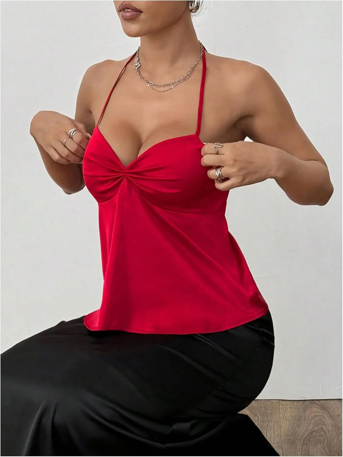 SweatyRocks Women's Ruched Satin Halter Tops Sleeveless Summer Camisole Going Out Top