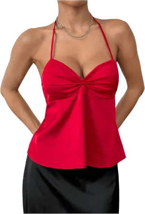 SweatyRocks Women's Ruched Satin Halter Tops Sleeveless Summer Camisole Going Out Top