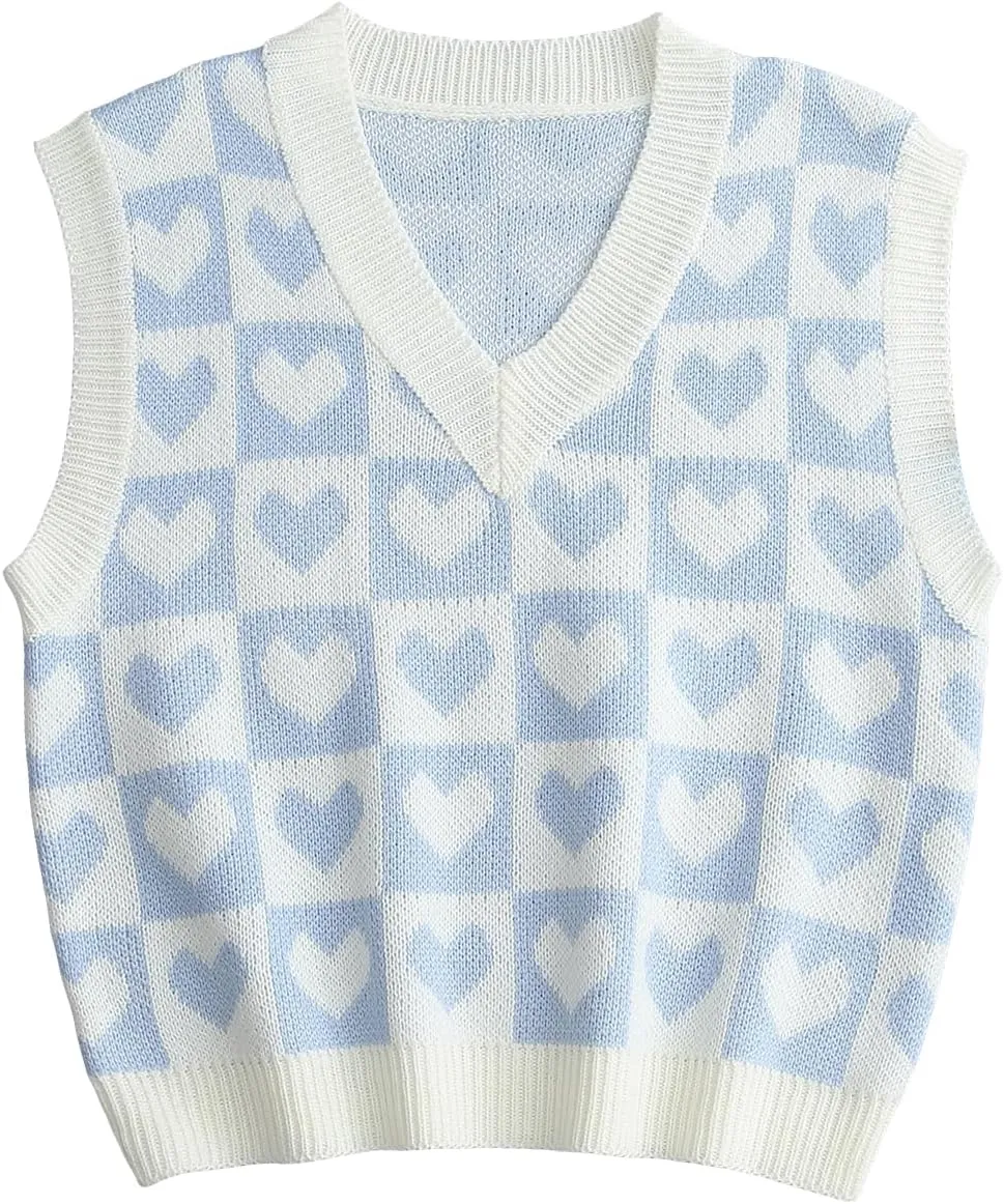 SweatyRocks Women's Sleeveless V Neck Knit Sweater Vest Houndstooth Crop Tank Top