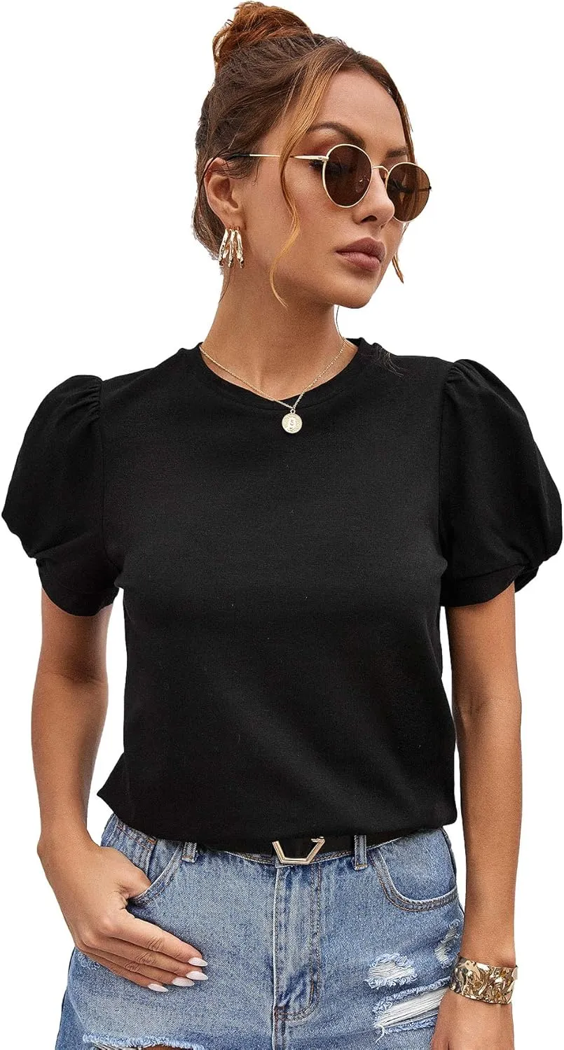 SweatyRocks Women's Summer Short Puff Sleeve Tee Top Round Neck T-Shirt