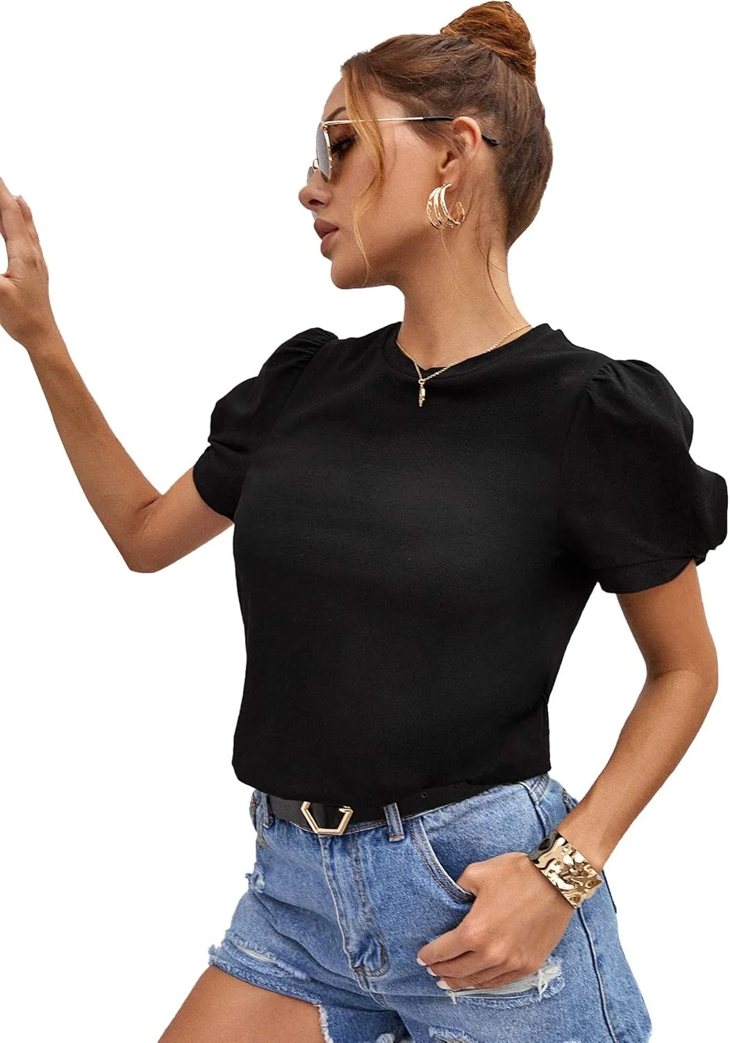 SweatyRocks Women's Summer Short Puff Sleeve Tee Top Round Neck T-Shirt