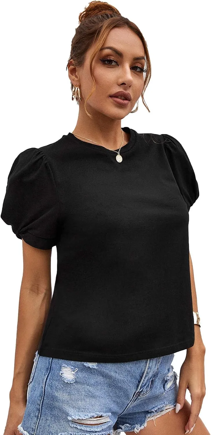 SweatyRocks Women's Summer Short Puff Sleeve Tee Top Round Neck T-Shirt