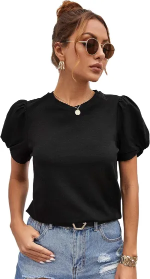 SweatyRocks Women's Summer Short Puff Sleeve Tee Top Round Neck T-Shirt