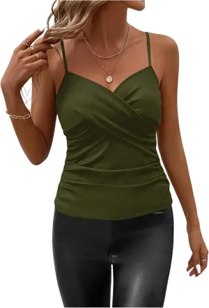 SweatyRocks Women's Twist Wrap V Neck Spaghetti Strap Ruched Camisole Tank Top
