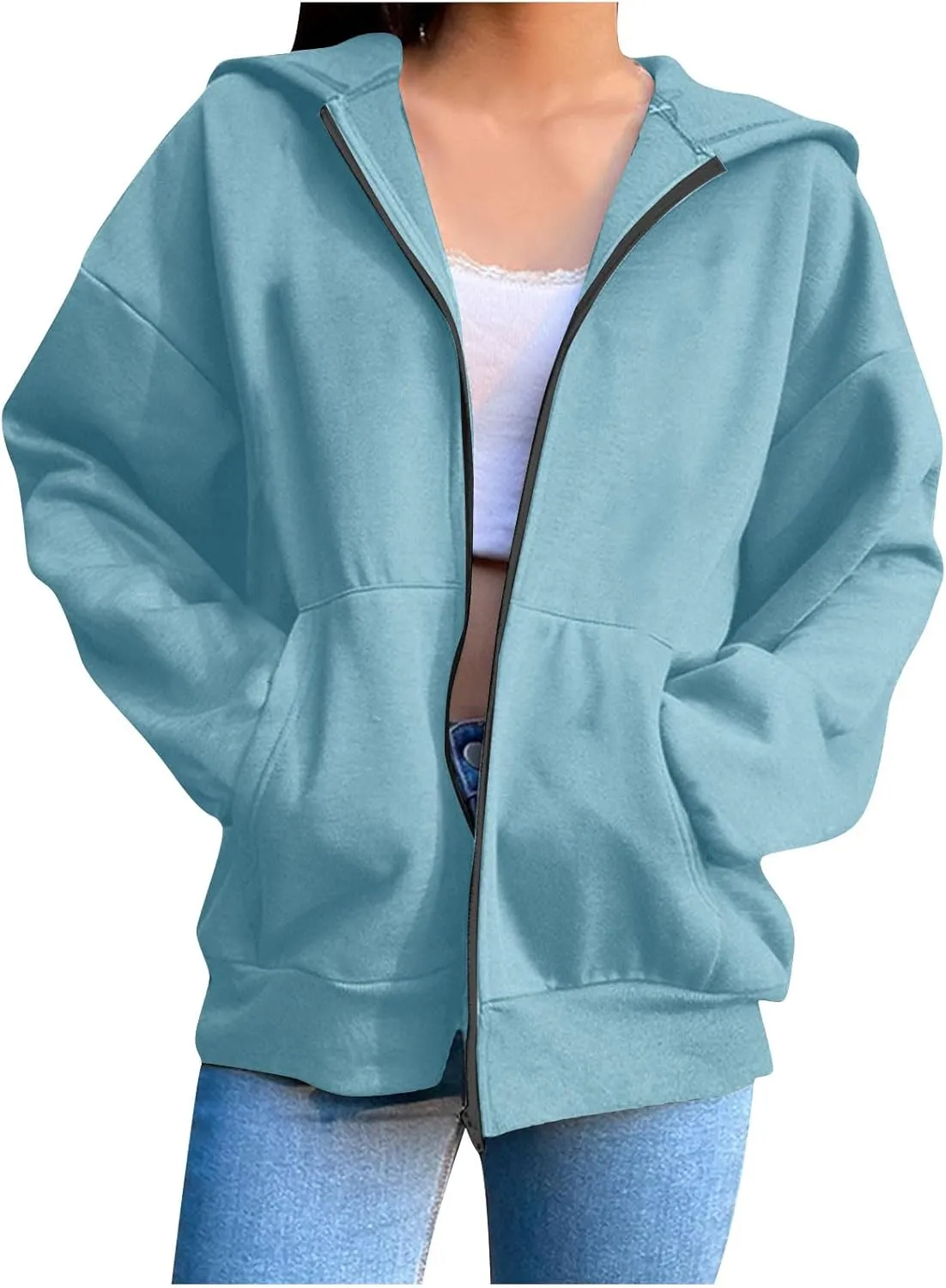 TANGNADE Women Hoodies Full Zip Up Oversized Sweatshirts with Pockets Casual Long Sleeve Thin Hooded Lightweight Jackets