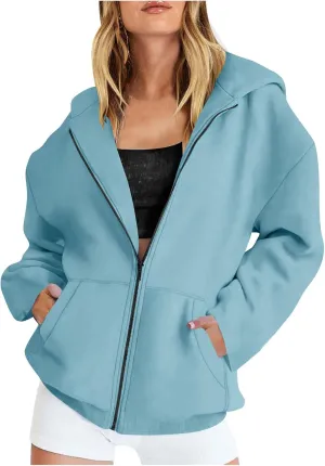 TANGNADE Women Hoodies Full Zip Up Oversized Sweatshirts with Pockets Casual Long Sleeve Thin Hooded Lightweight Jackets