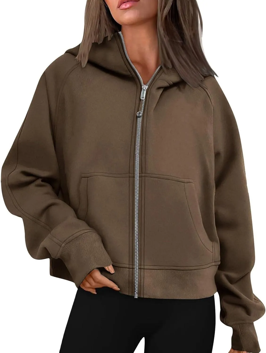 TANGNADE Womens Full Zip Pullover Cropped Hoodies Long Sleeve Fleece Sweatshirts with Pockets Fall Outfits Clothes
