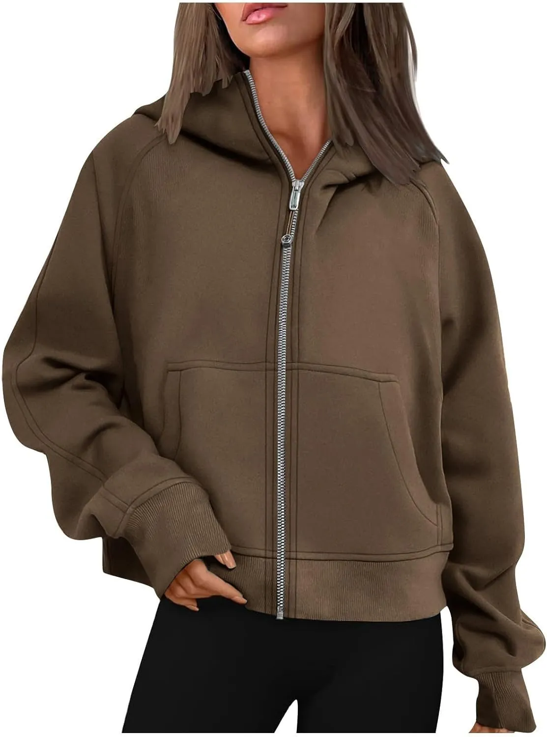 TANGNADE Womens Full Zip Pullover Cropped Hoodies Long Sleeve Fleece Sweatshirts with Pockets Fall Outfits Clothes