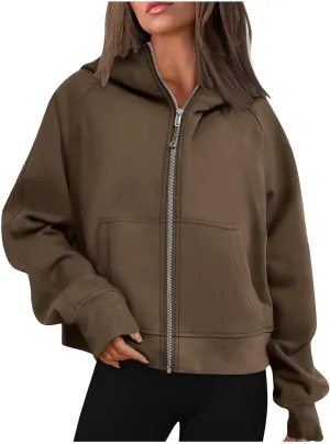 TANGNADE Womens Full Zip Pullover Cropped Hoodies Long Sleeve Fleece Sweatshirts with Pockets Fall Outfits Clothes