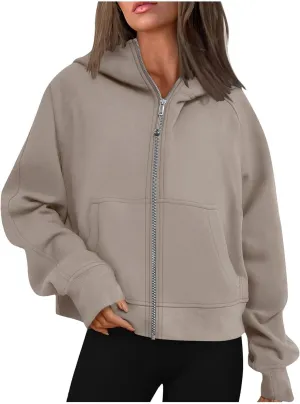 TANGNADE Womens Full Zip Pullover Cropped Hoodies Long Sleeve Fleece Sweatshirts with Pockets Fall Outfits Clothes