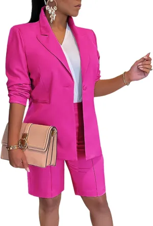 Tcremisa Women's 2025 Fashion Blazer Shorts Set Long Sleeve Office Suit Sets Casual 2 Piece Business Outfits