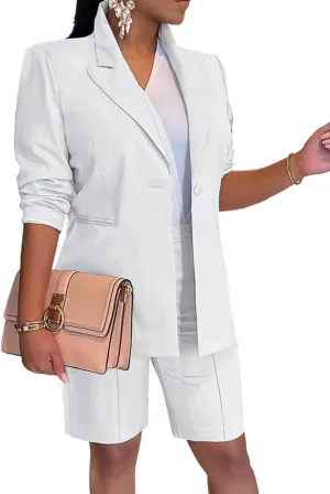 Tcremisa Women's 2025 Fashion Blazer Shorts Set Long Sleeve Office Suit Sets Casual 2 Piece Business Outfits