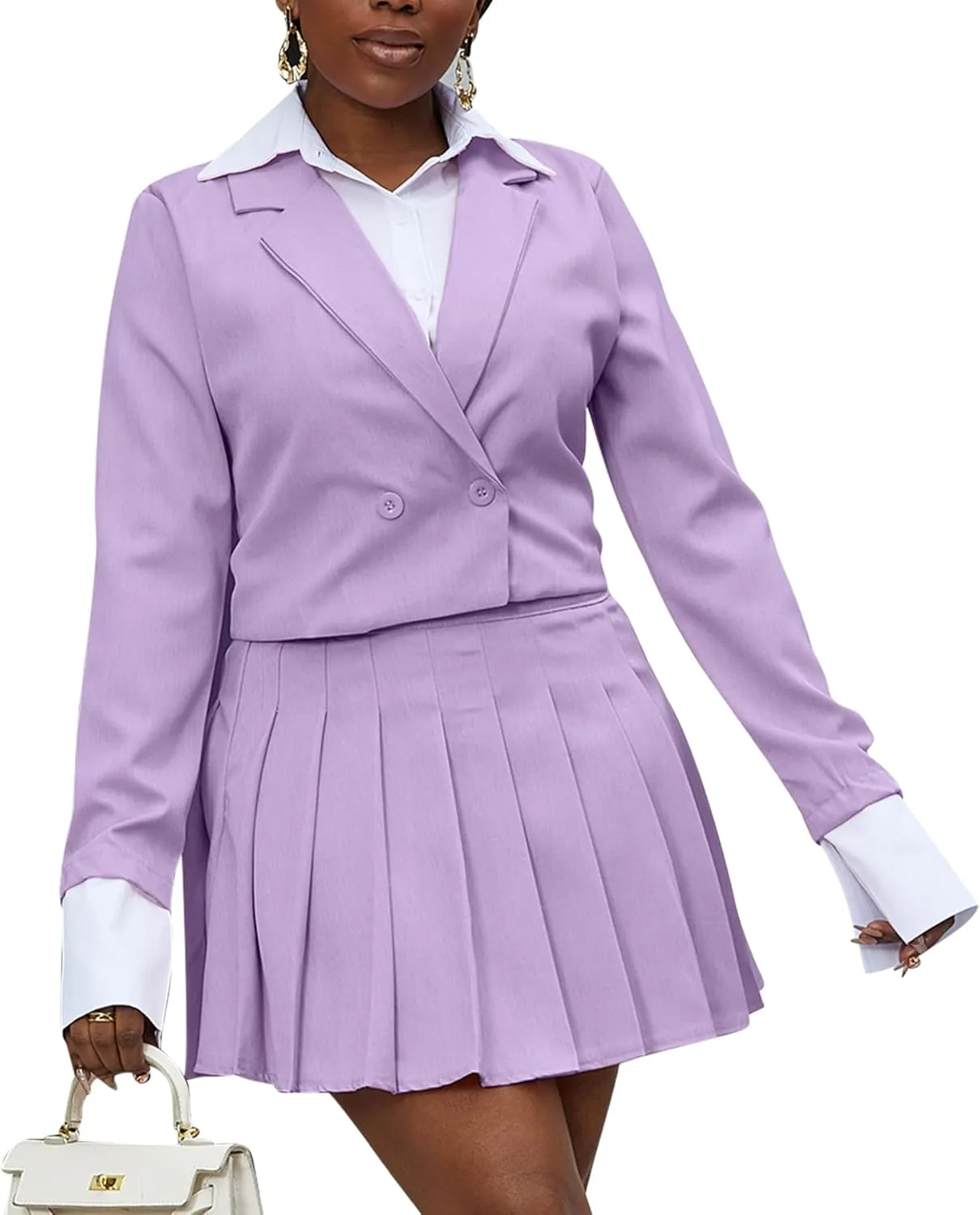 Tcremisa Womens Casual 2 Piece Business Outfits Office Cropped Blazer Jacket and Pleated Mini Skirt Suits Set