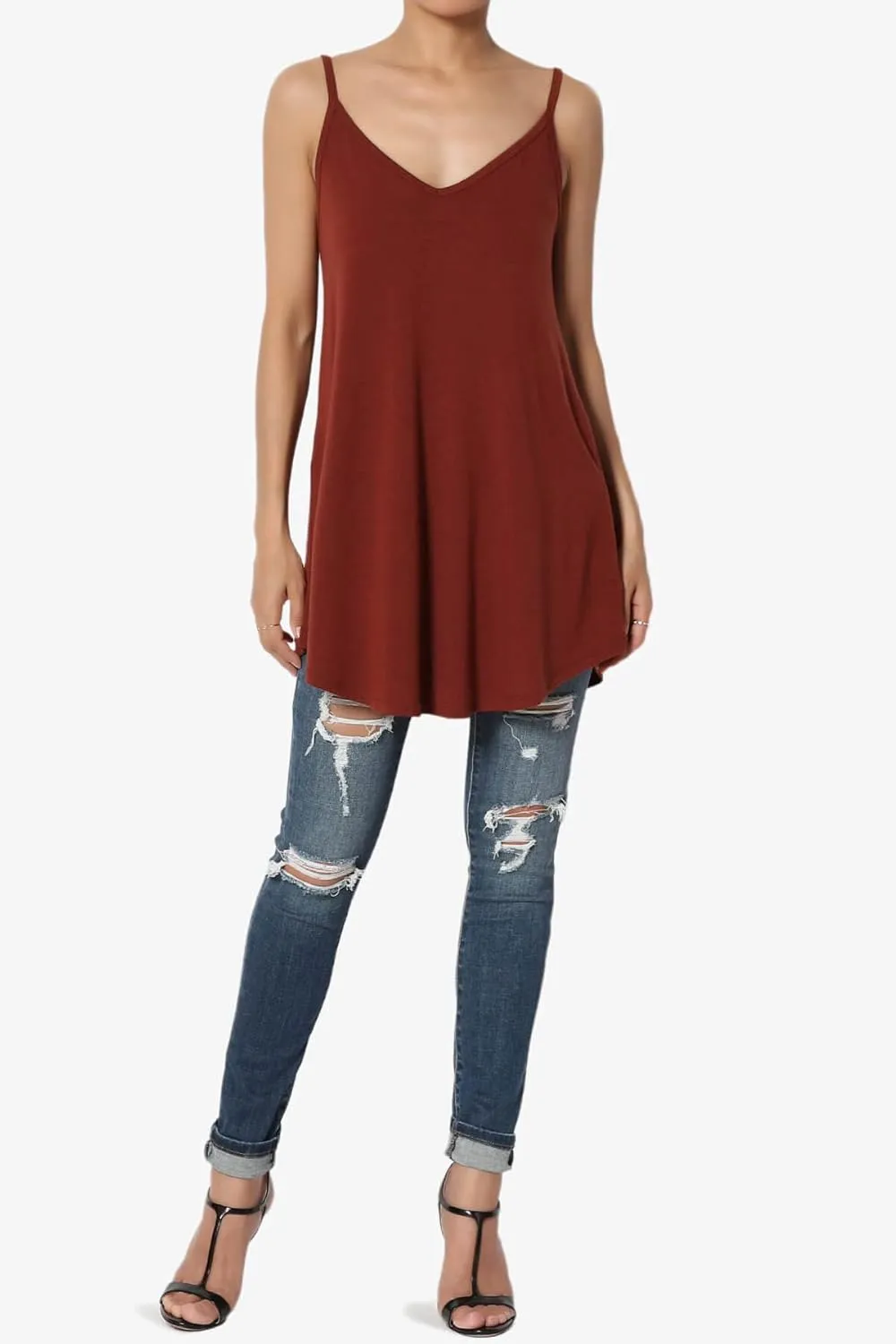TheMogan Women's Scoop V Neck Stretch Draped Jersey Flared Camisole Tunic Top