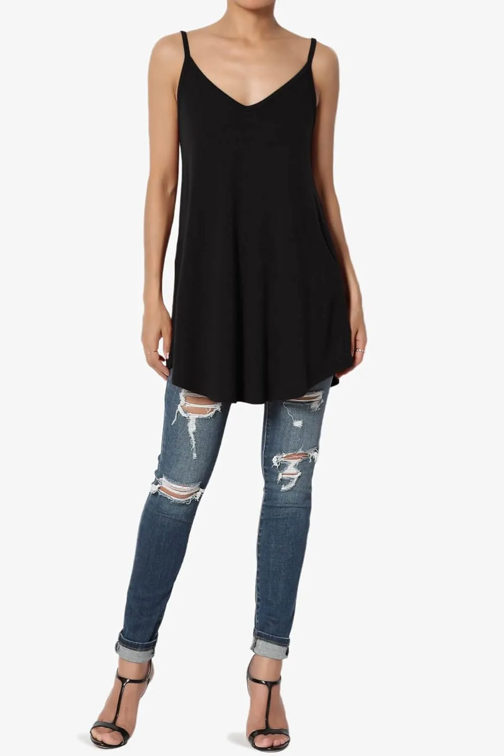 TheMogan Women's Scoop V Neck Stretch Draped Jersey Flared Camisole Tunic Top