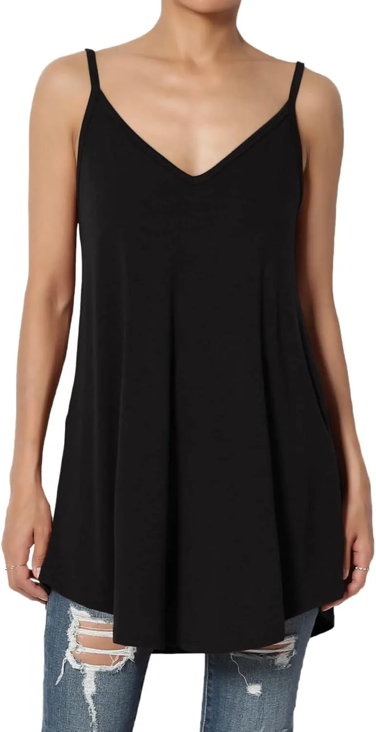 TheMogan Women's Scoop V Neck Stretch Draped Jersey Flared Camisole Tunic Top