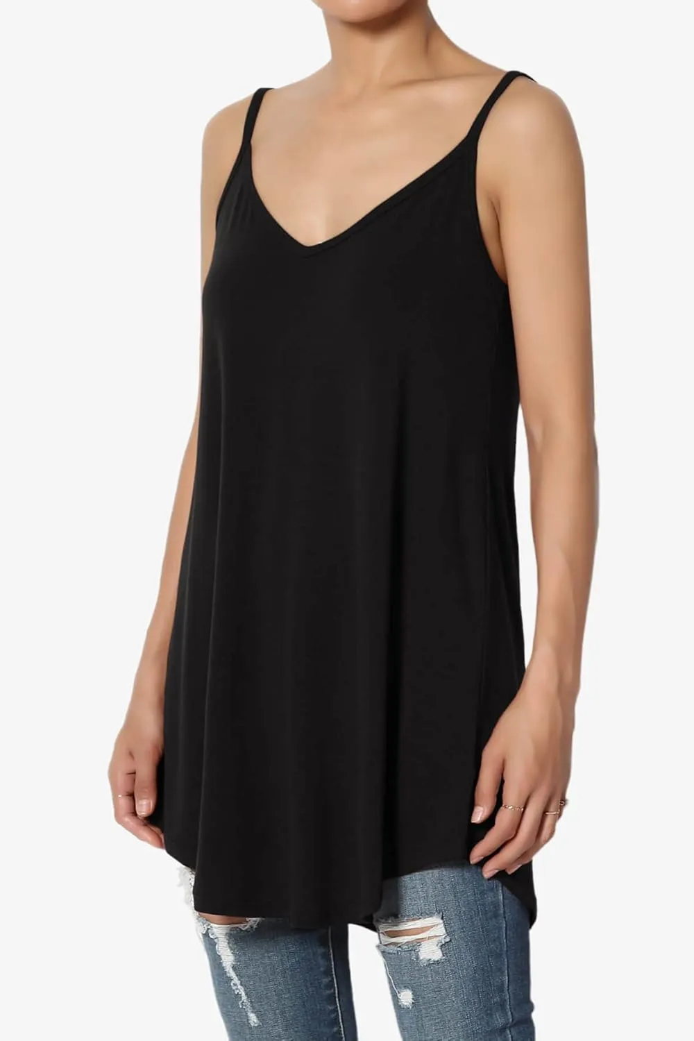 TheMogan Women's Scoop V Neck Stretch Draped Jersey Flared Camisole Tunic Top