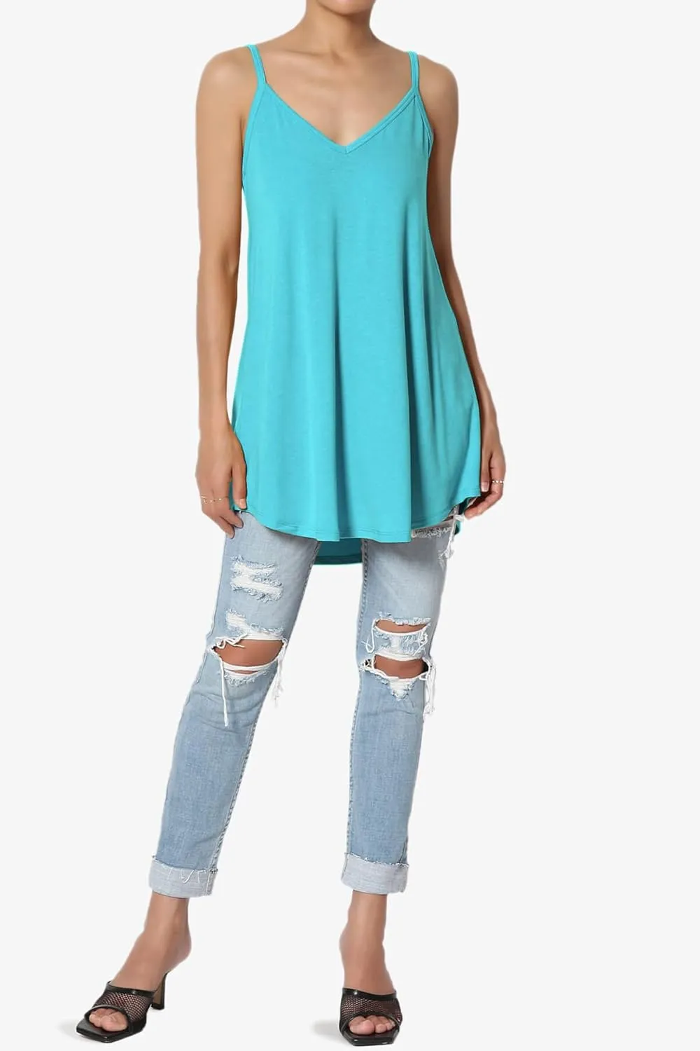TheMogan Women's Scoop V Neck Stretch Draped Jersey Flared Camisole Tunic Top