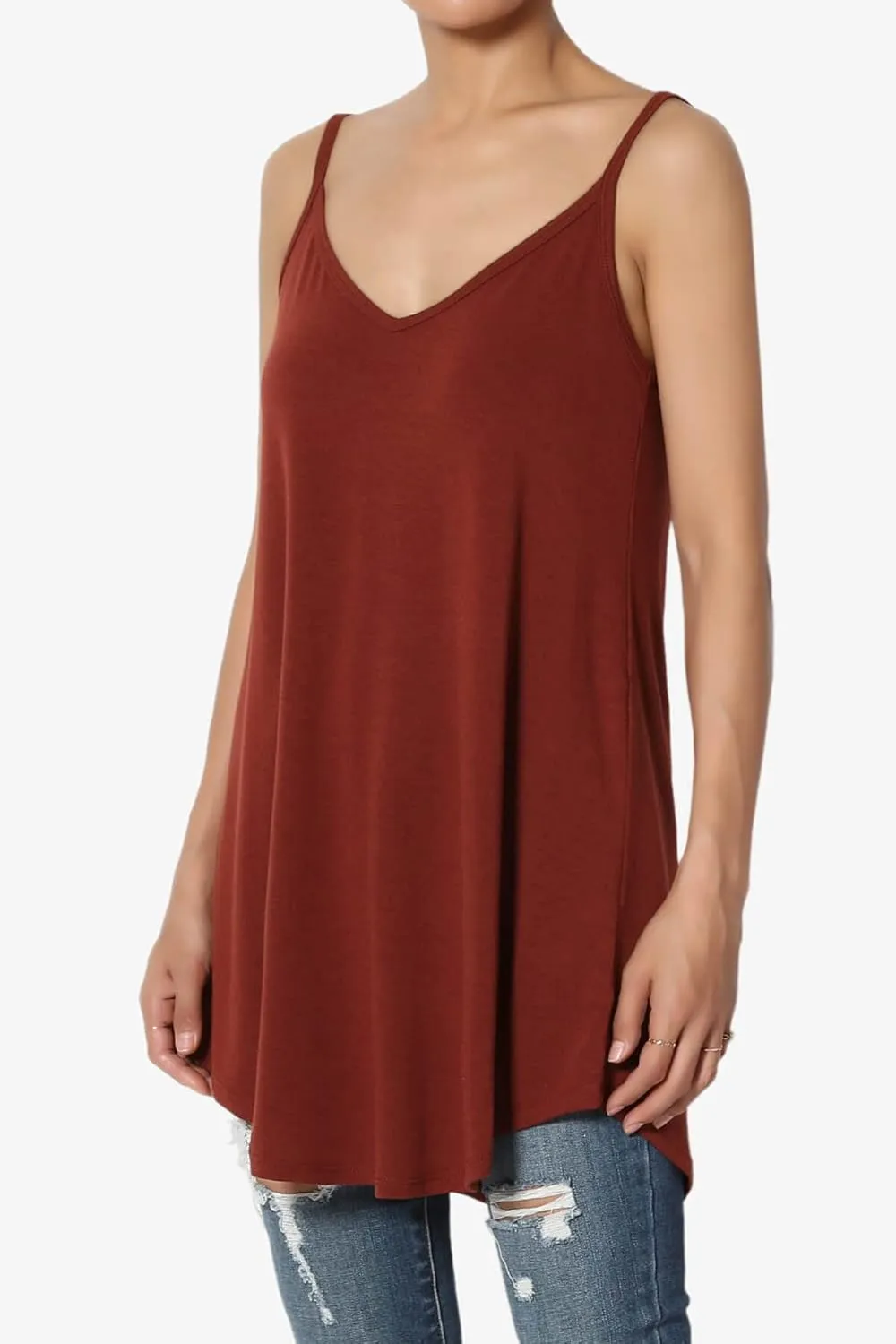 TheMogan Women's Scoop V Neck Stretch Draped Jersey Flared Camisole Tunic Top