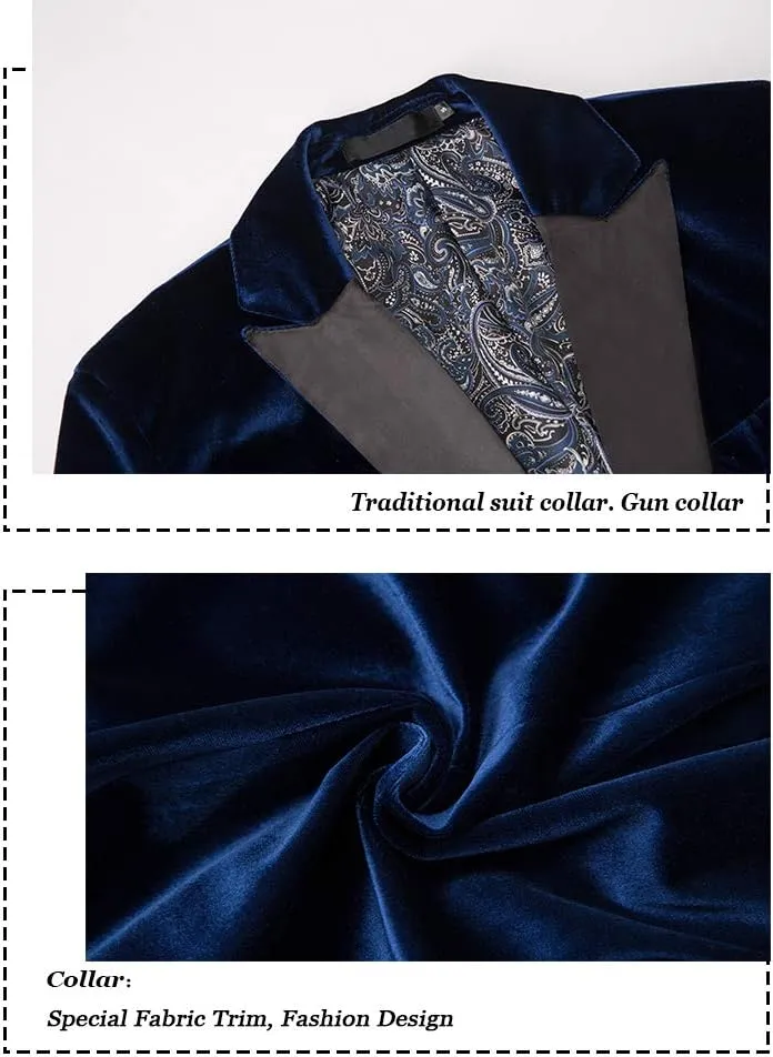 THWEI Mens Velvet Blazer Slim Fit Suit Jacket One Button Tuxedo Blazer Wedding Prom Dinner