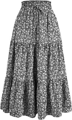 Tiered Maxi Skirts for Women Comfy Long Skorts Elastic High Waisted Ruffle Hem Flowy Swing Summer Cover Ups