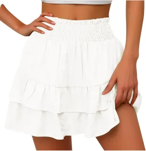 Tiered Ruffle Boho Skirts for Women Summer Cute Mini Skirt Solid Bohemian Vacation Skirts Pleated Short Skirt
